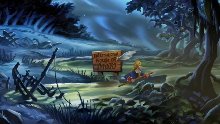 Персонаж плывет на лодке к зданию International House of Mojo в игре Monkey Island 2