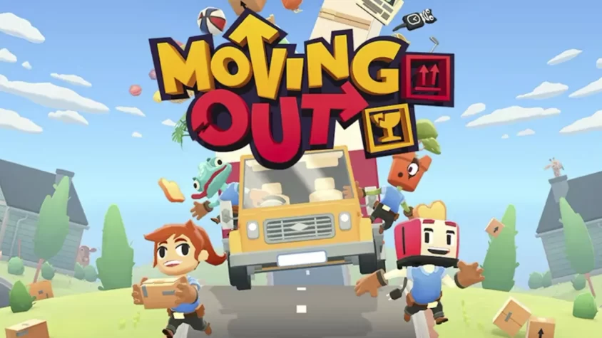 Обложка игры Moving Out, персонажи в процессе переезда с ящиками и автомобилем, полный хаос