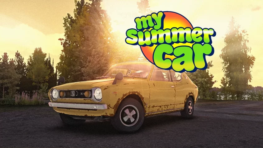 Обложка игры My Summer Car с жёлтым автомобилем и ярким логотипом