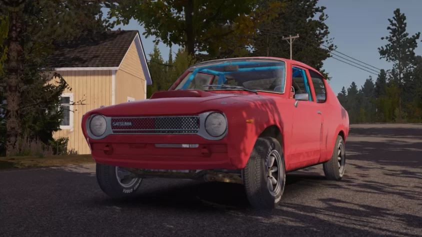 Красный автомобиль в игре My Summer Car, готовый к приключениям на фермерской дороге