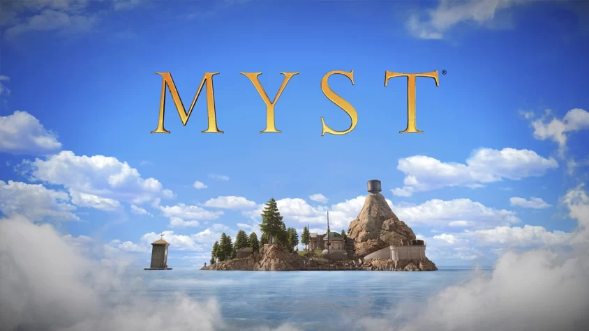Обложка игры Myst с изображением острова и голубого неба