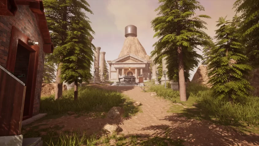 Пейзаж в игре Myst, показывающий дорогу и древние сооружения