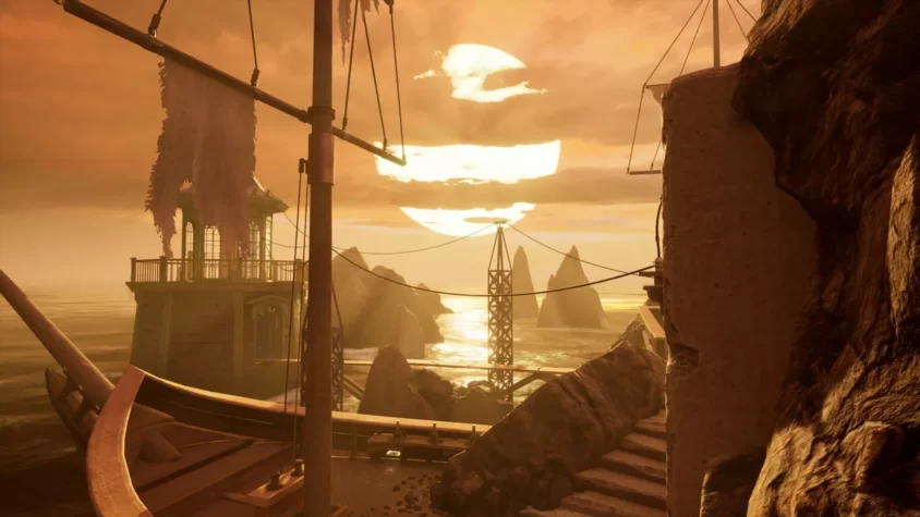 Вид на корабль и закатное небо в игре Myst