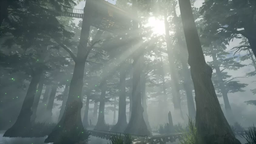 Туманное лесное царство с ярким солнечным светом в игре Myst