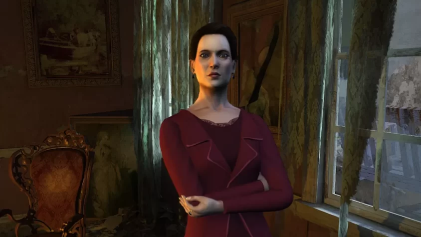 Персонаж из Nancy Drew: Ghost of Thornton Hall с серьёзным видом на фоне разрушенного интерьера