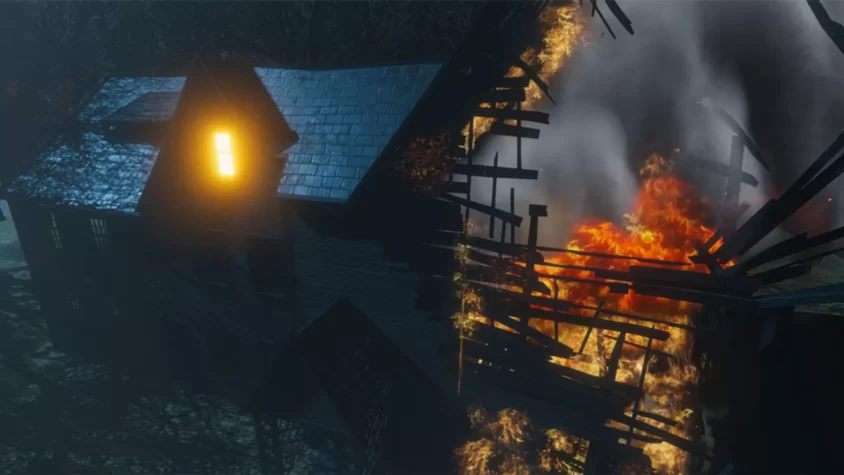 Сцена с горящим домом в игре Nancy Drew: Midnight in Salem