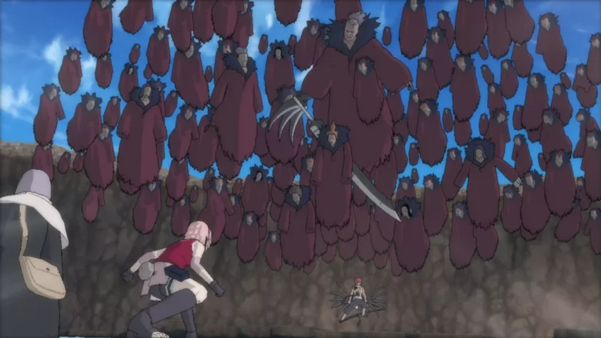Сражение с множеством клонированных врагов в Naruto: Ultimate Ninja Storm 2, где Сакура пытается их победить