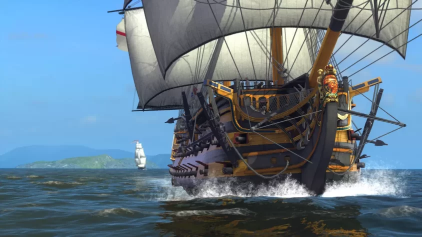 Корабль в игре Naval Action с развернутыми парусами, на фоне моря и другого судна