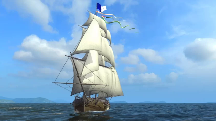 Корабль с белыми парусами, развевающимися на фоне синего неба в игре Naval Action