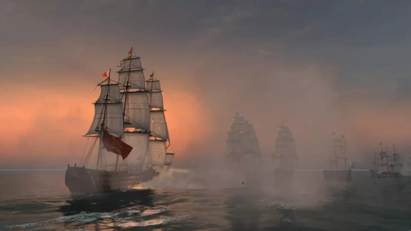 Морское сражение в игре Naval Action с несколькими кораблями на фоне заката и тумана