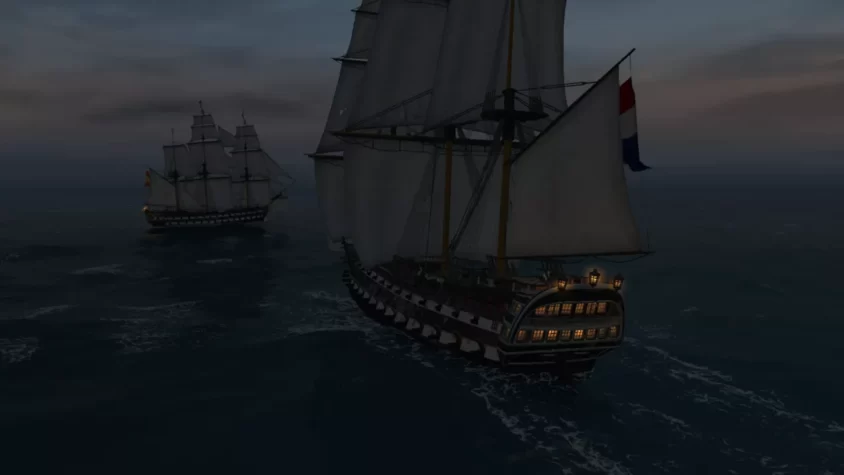 Корабль с голландским флагом на фоне туманного ночного моря в игре Naval Action