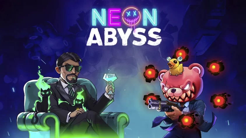 Neon Abyss - Обложка игры Обложка игры Neon Abyss с персонажем в костюме и плюшевым медведем с оружием