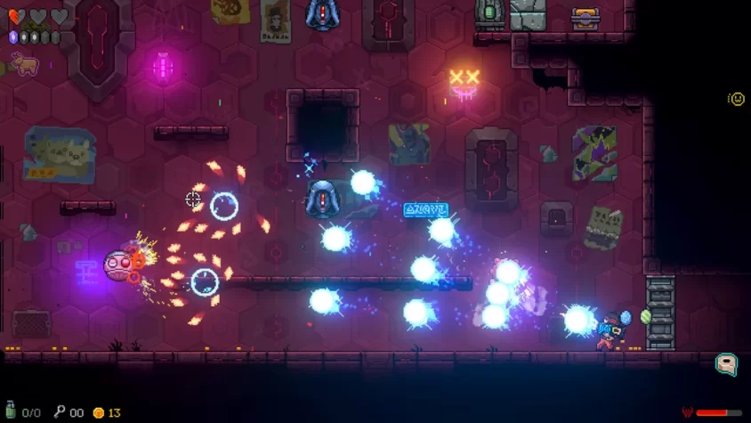 Персонаж в игре Neon Abyss стреляет по врагам, окружённый лазерами и энергетическими снарядами