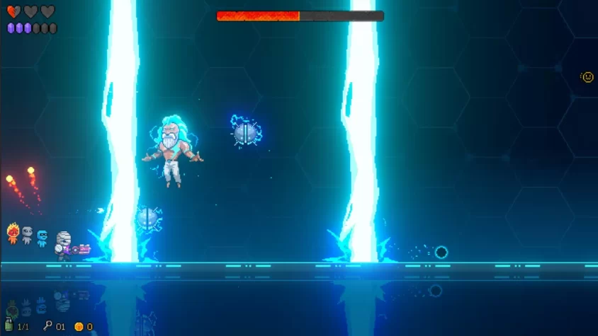 Персонаж в игре Neon Abyss сражается с боссом, окружённый электрическими барьерами