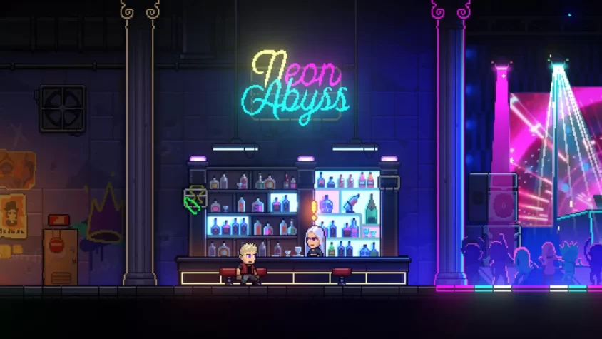 Персонаж сидит в баре с неоновым вывеской Neon Abyss и разговаривает с барменом