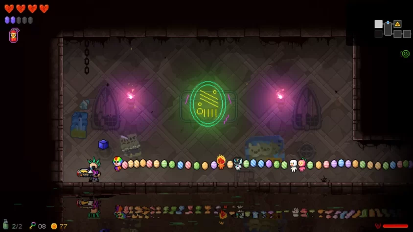 Персонаж в игре Neon Abyss собирает разноцветные яйца с загадочным символом на стене