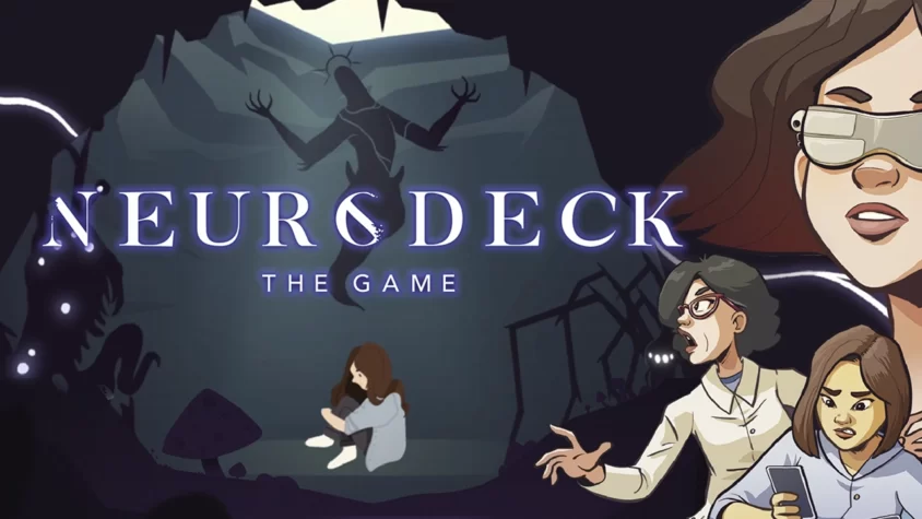 Обложка игры Neurodeck: Psychological Deckbuilder с изображением темного мира и персонажей, сражающихся с внутренними демонами