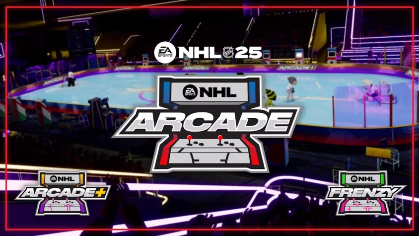 Скриншот аркадного режима игры NHL 25, с мультипликационными персонажами на льду.