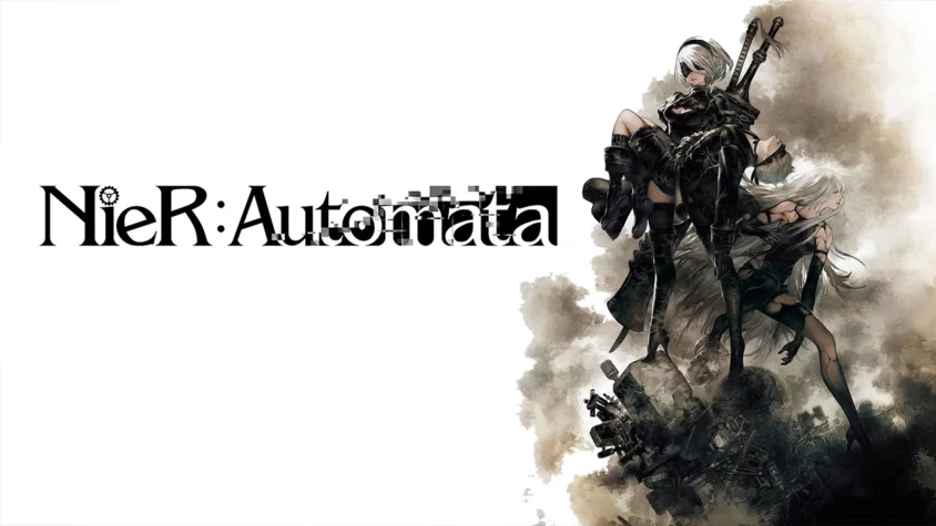 Обложка игры NieR: Automata, на которой изображены главные персонажи сражающиеся в постапокалиптическом мире