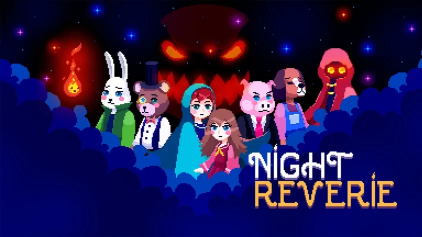Обложка Night Reverie Обложка игры Night Reverie, где пиксельные персонажи стоят в темном облаке, а на фоне сияет угрожающая фигура