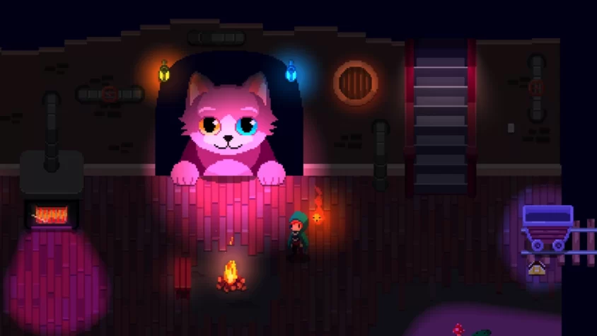 Игровой кадр из Night Reverie с гигантским фиолетовым котом, который вешается из стены, как будто это нормально