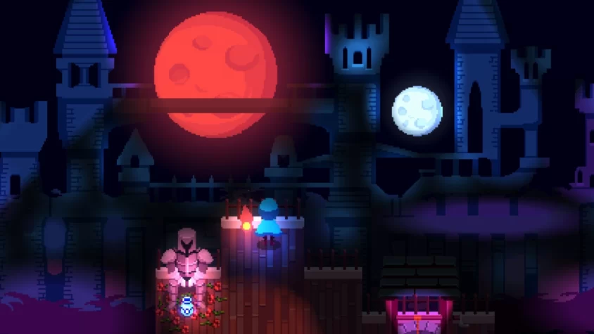 Игровой кадр из Night Reverie с красной луной и замком, который смотрится, как будто ночь готова проглотить этот мир целиком