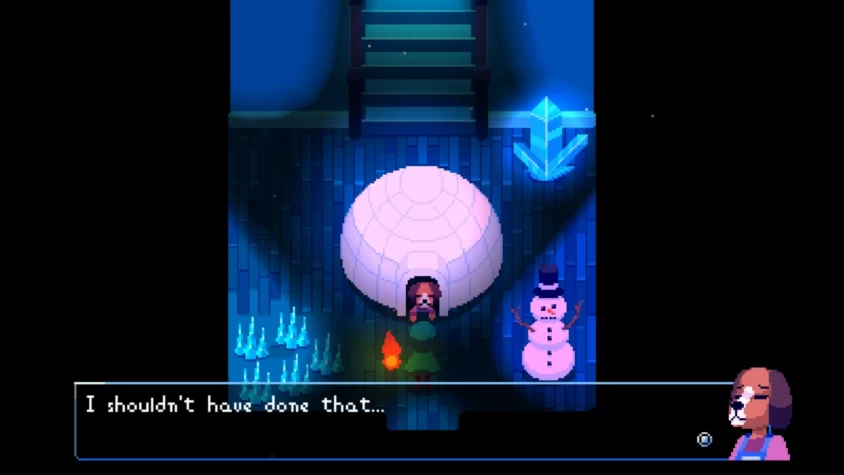 Игровой кадр из Night Reverie с персонажем, который стоит у иглу и грустно смотрит на снеговика, очевидно, размышляя о своих решениях