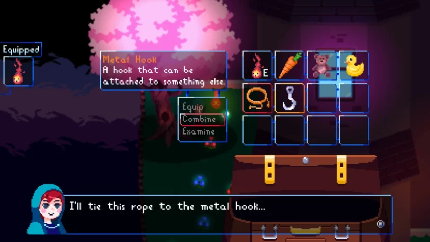 Игровой кадр из Night Reverie с инвентарем, где персонаж пытается привязать веревку к металлическому крюку, чтобы решить очередную задачу