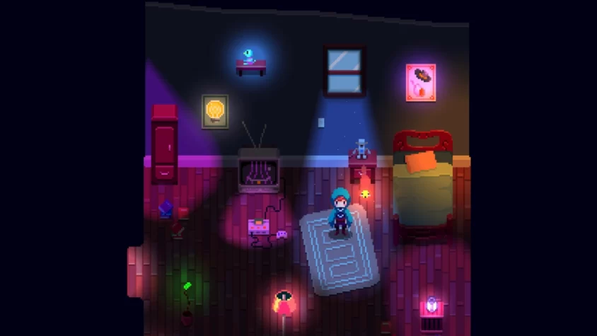 Игровой кадр из Night Reverie, где персонаж стоит в комнате с кучей пиксельных ламп и странных предметов, как будто прямо из кошмара