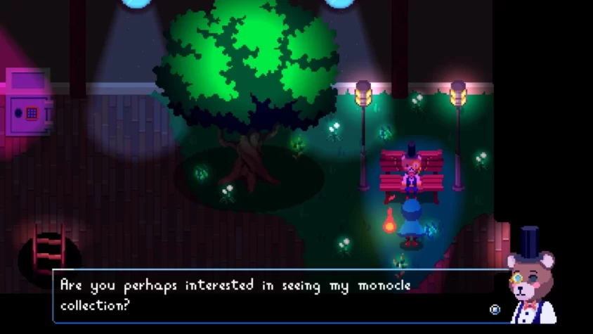 Игровой кадр из Night Reverie, где медведь в цилиндре на лавочке с моноклем предлагает персонажу посмотреть свою коллекцию