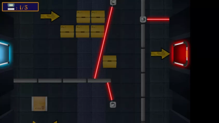 Игровой момент в Ninja Stealth с лазерами и ящиками, где нужно избегать препятствий