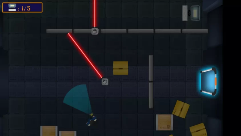 Игровой момент в Ninja Stealth, где ниндзя должен избегать лазеров и коробок