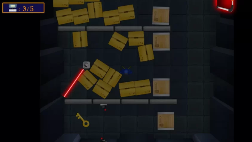 Уровень в Ninja Stealth, где ниндзя уклоняется от лазеров, пробираясь через кучи коробок