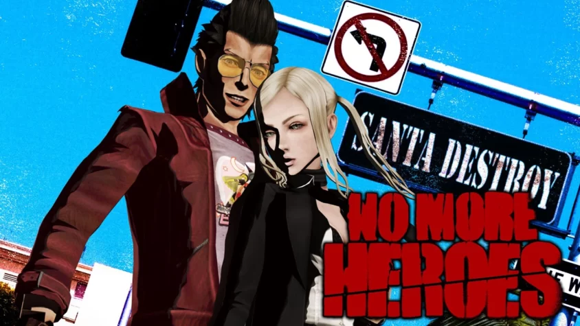 Обложка игры No More Heroes Главные персонажи игры No More Heroes на фоне знака с надписью Santa Destroy