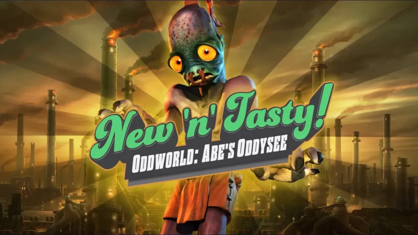 Обложка игры Oddworld: New 'n' Tasty с главным героем, Абом, на фоне индустриального пейзажа