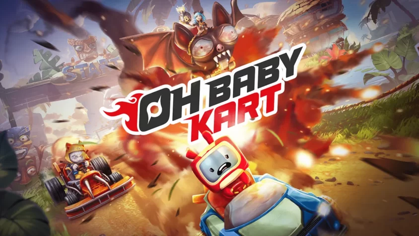 Обложка игры Oh Baby! Kart, где персонажи мчаться на гоночных картах среди разрушений и экшн-сцен