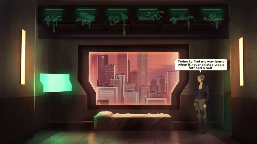 Персонаж из Old Skies с видом на город через окно, размышляет о несуществующем доме