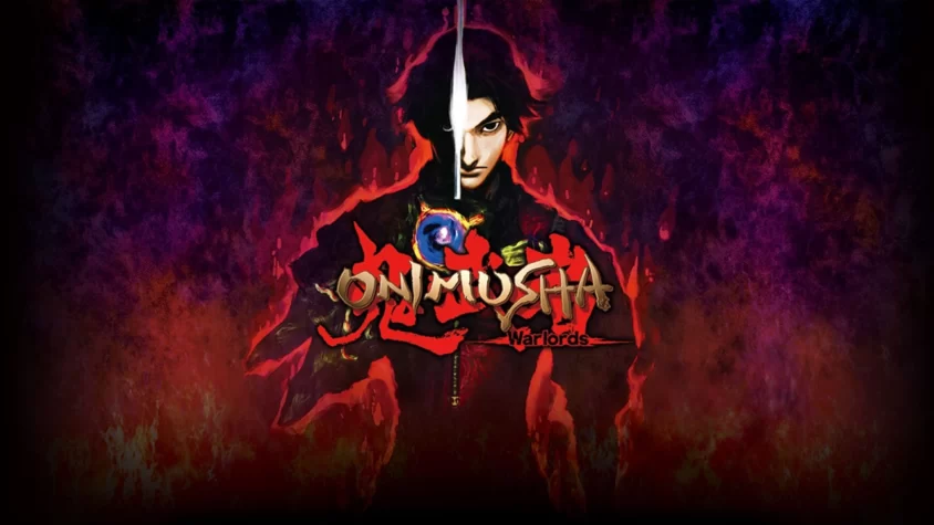 Обложка игры Onimusha: Warlords с изображением главного героя с мечом на фоне огненных оттенков