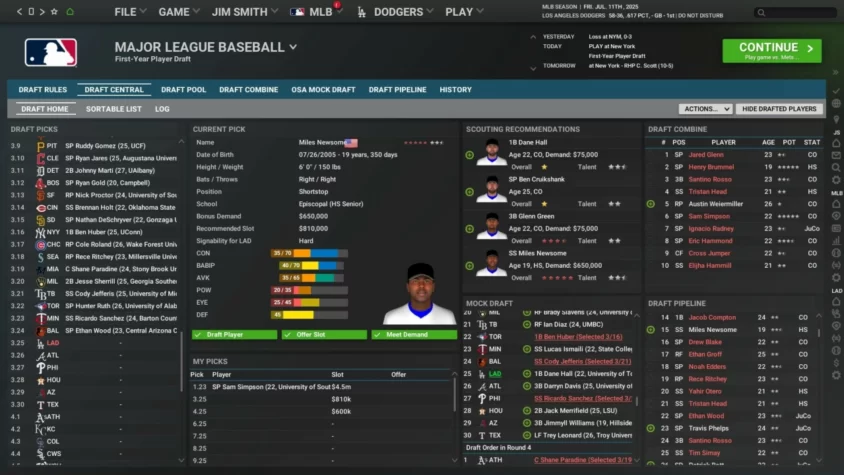 Выбор игроков на драфте в Out of the Park Baseball 26 — для тех, кто не может насытиться цифрами и статистикой