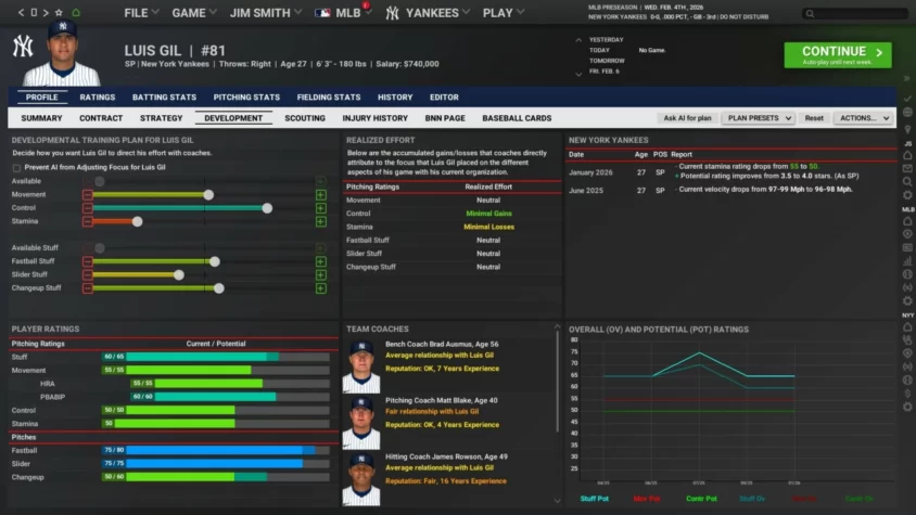Управление тренировочным процессом игрока в Out of the Park Baseball 26 — потому что всё должно быть под контролем, даже его усталость