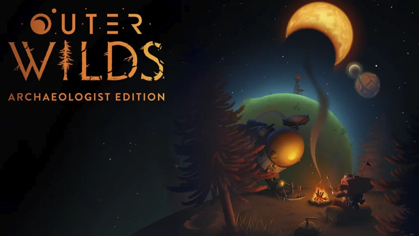 Outer Wilds: Археологическое издание Обложка игры Outer Wilds с изображением космического пейзажа, где главный герой сидит у костра рядом с космическим аппаратом