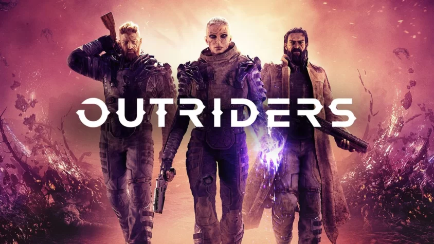 Outriders - обложка Обложка игры Outriders, где три героя стоят на фоне разрушенного мира с неоновыми эффектами