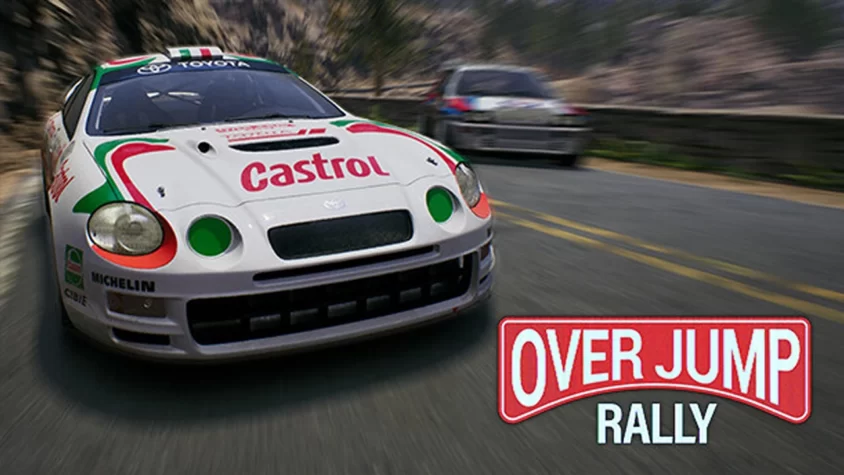 Обложка игры Over Jump Rally с гоночной машиной, мчащейся по извилистой дороге