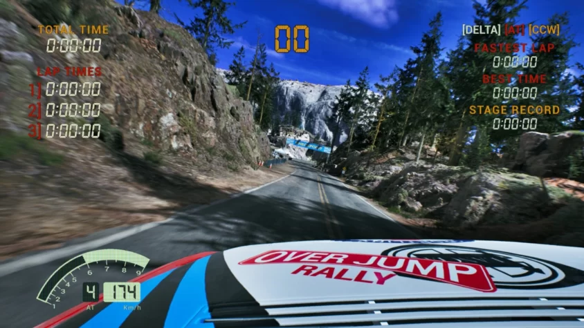 Вид из кабины в Over Jump Rally, гонка по горной дороге с водопадом и финишным баннером впереди