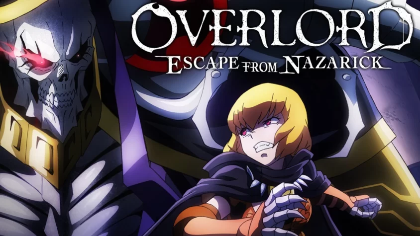 Overlord: Escape from Nazarick — Обложка игры Главный антагонист и союзник в игре с классическим контрастом — скелет и рыцарь, с яркой рыжей девушкой в центре