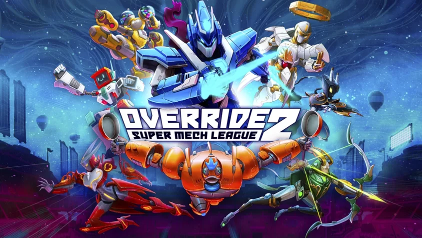 Override 2: Super Mech League - Обложка игры Обложка игры Override 2: Super Mech League с гигантскими роботами, сражающимися друг с другом