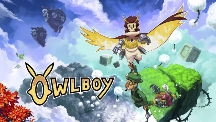 Обложка игры Owlboy Главный персонаж игры, совенок, парит в небе, держа в руках другого персонажа. Вокруг летают странные существа и блоки