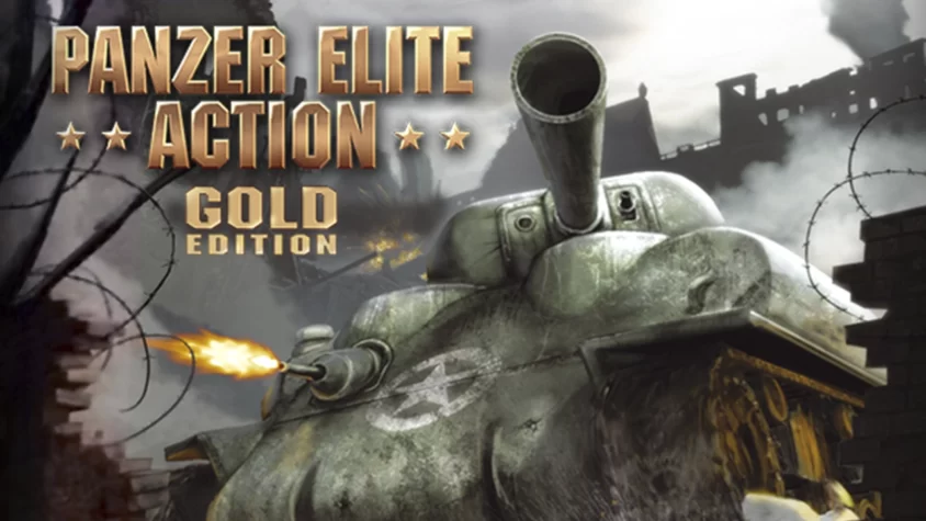 Обложка игры Panzer Elite Action с танком и разрушенным городом на фоне