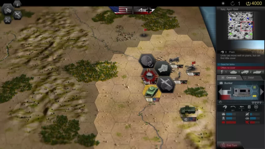 Тактическая ситуация с танками и укреплением в Panzer Tactics HD