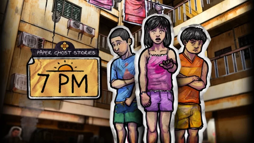 Paper Ghost Stories: 7 PM Обложка игры Paper Ghost Stories: 7 PM с изображением детей на фоне старого жилого дома